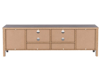 Grey wood TV stand for TVs up to 80 inches, featuring a sleek design with open shelves and cabinets for storage, silver handles, and a modern aesthetic, perfect for contemporary living rooms.