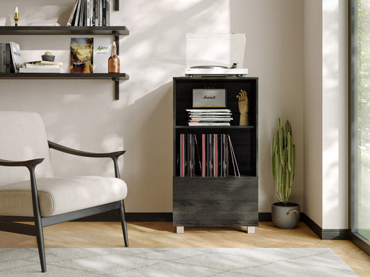 Dark wood media cabinet with two glass doors, adjustable shelves, and sleek metal handles. Ideal for organizing electronics, books, and decor. Modern design with a rich walnut finish. Perfect for living rooms and media centers.