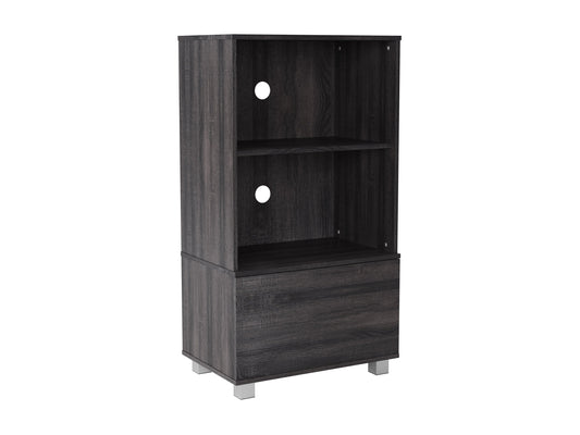 Dark wood media cabinet with two glass doors, adjustable shelves, and sleek metal handles. Ideal for organizing electronics, books, and decor. Modern design with a rich walnut finish. Perfect for living rooms and media centers.