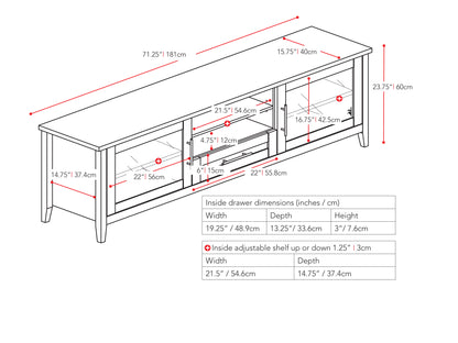 Modern TV stand with doors for TVs up to 85", featuring a sleek black finish, sturdy wooden construction, and ample storage space with adjustable shelves for media equipment and accessories.