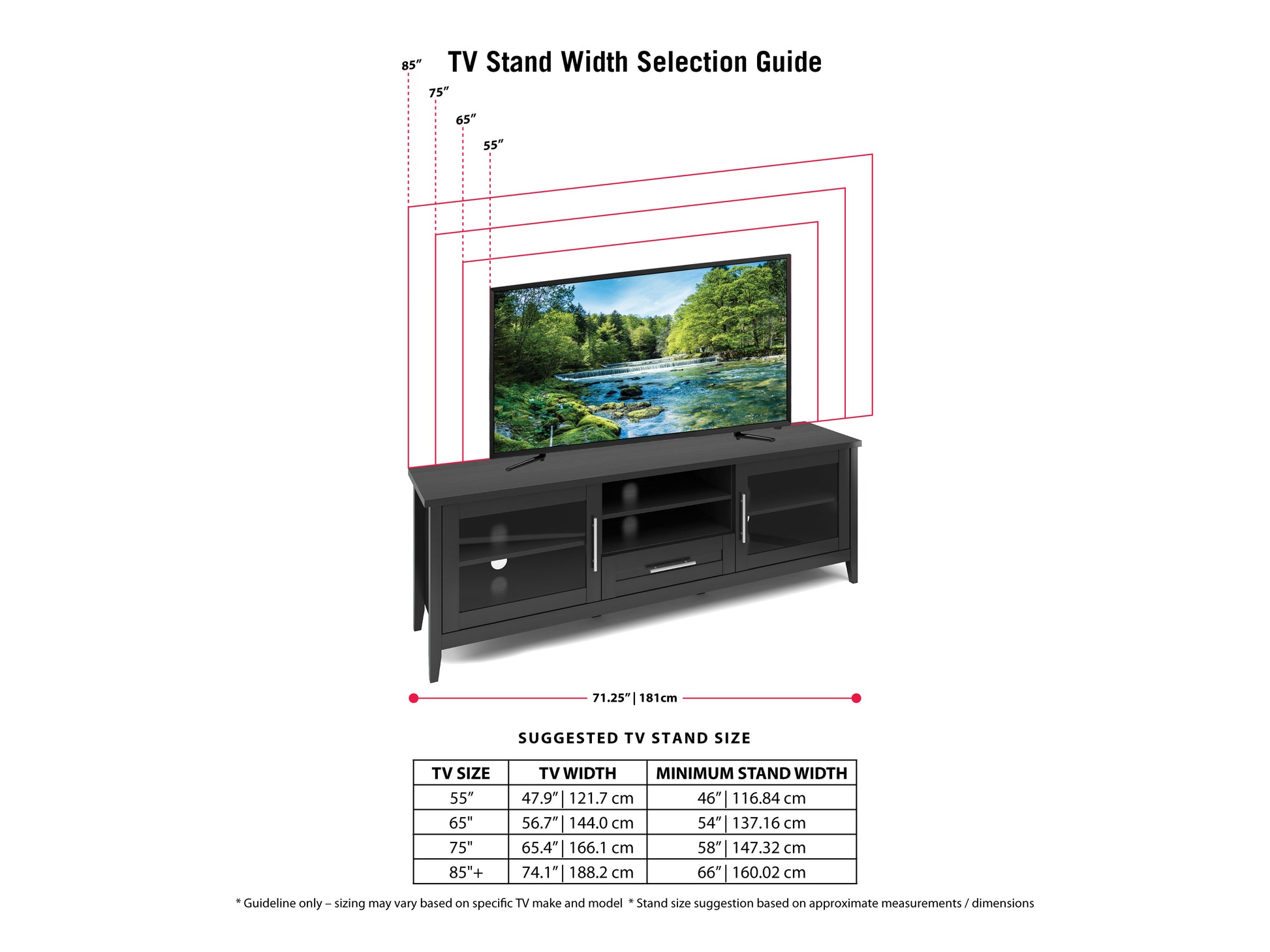 Dark wood TV stand with doors, suitable for TVs up to 85 inches. Features a sleek, modern design with metal handles, ample storage space, and adjustable shelves, perfect for contemporary living rooms.