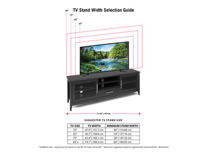 Dark wood TV stand with doors, suitable for TVs up to 85 inches. Features a sleek, modern design with metal handles, ample storage space, and adjustable shelves, perfect for contemporary living rooms.