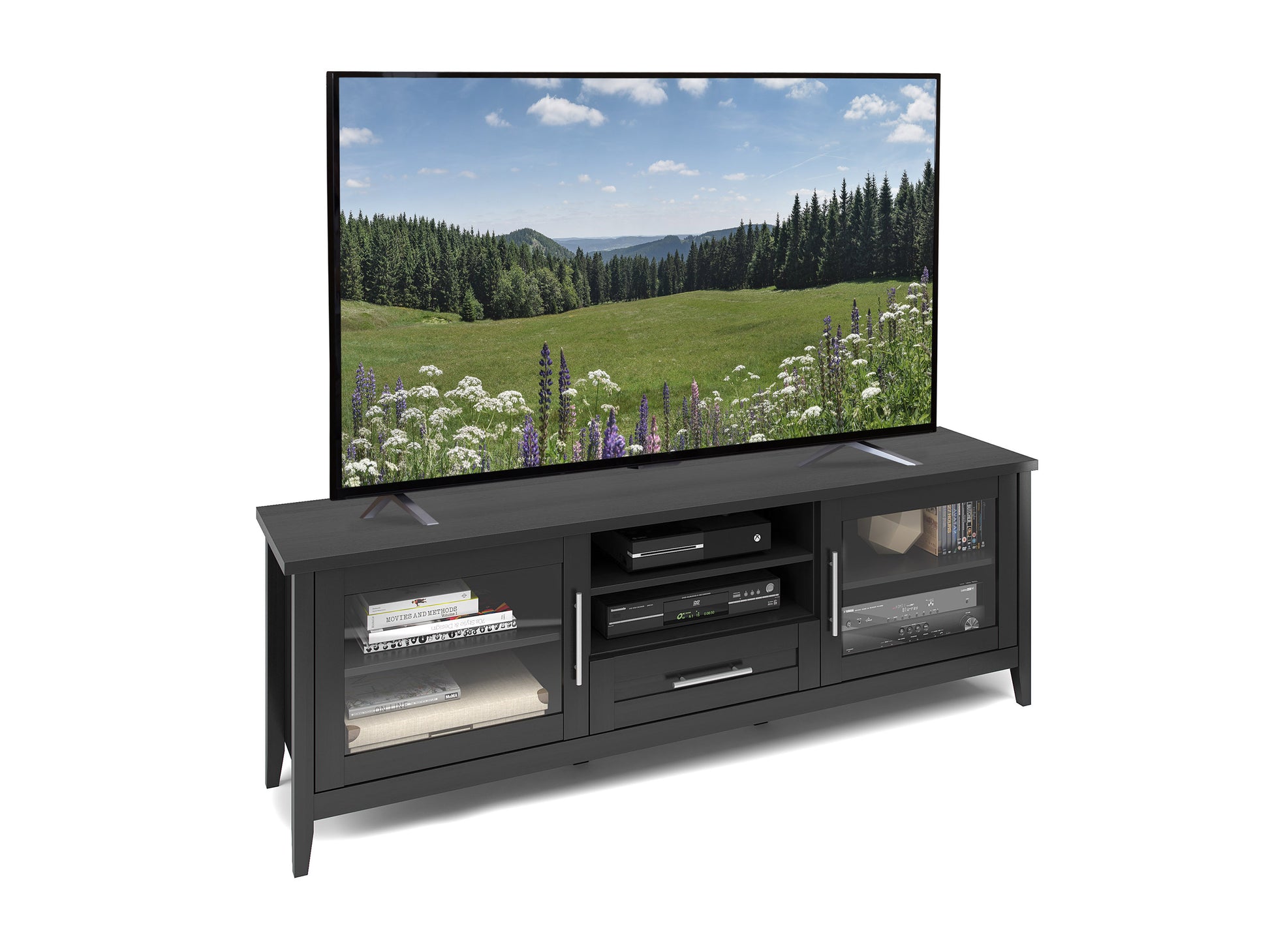 Modern TV stand for TVs up to 85 inches, featuring sleek black metal frame, natural wood finish, two cabinet doors with black handles, and open shelving for storage and media equipment.