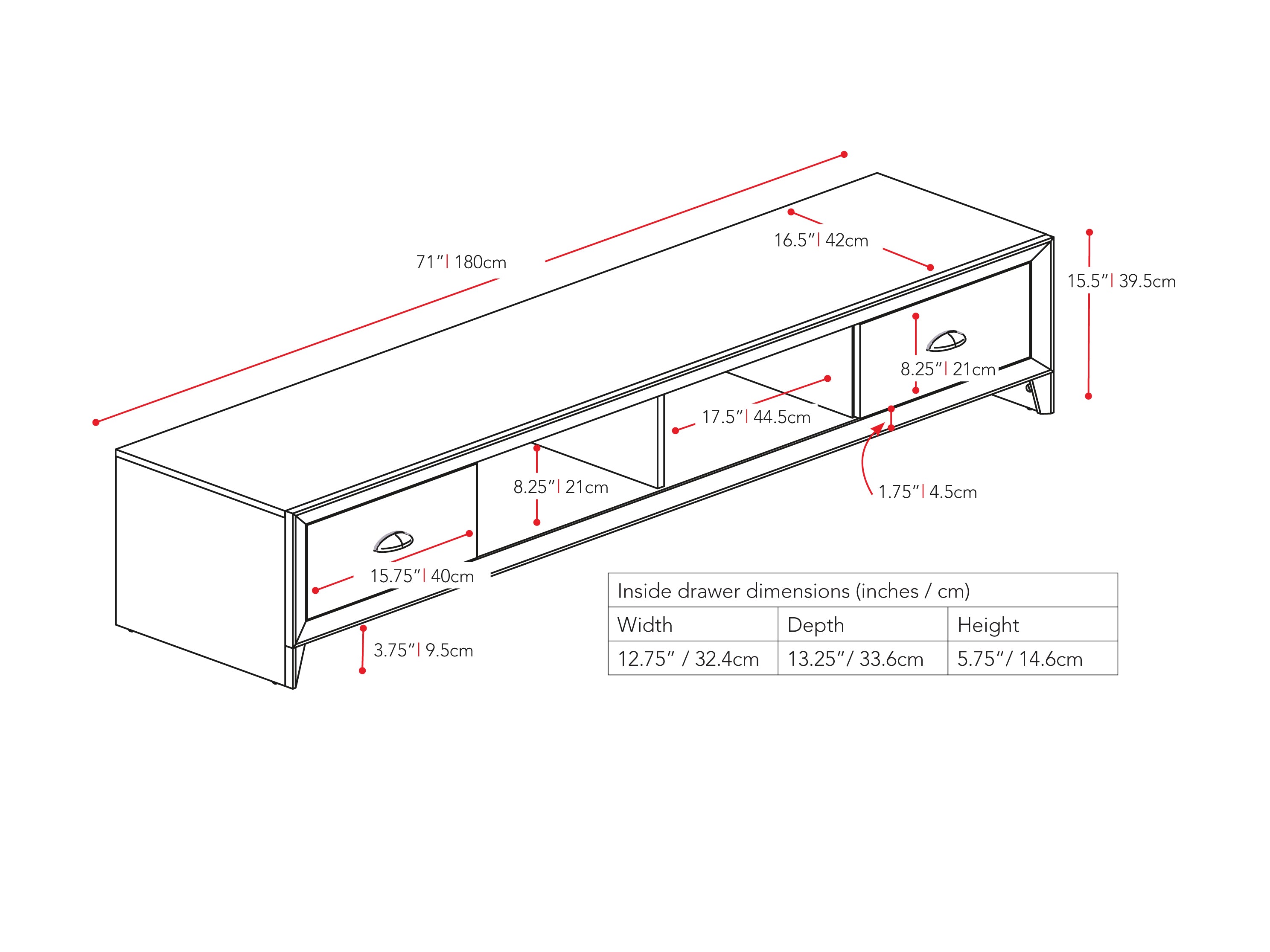 Black TV Stand for TVs up to 85" Lakewood Collection measurements diagram by CorLiving#color_black