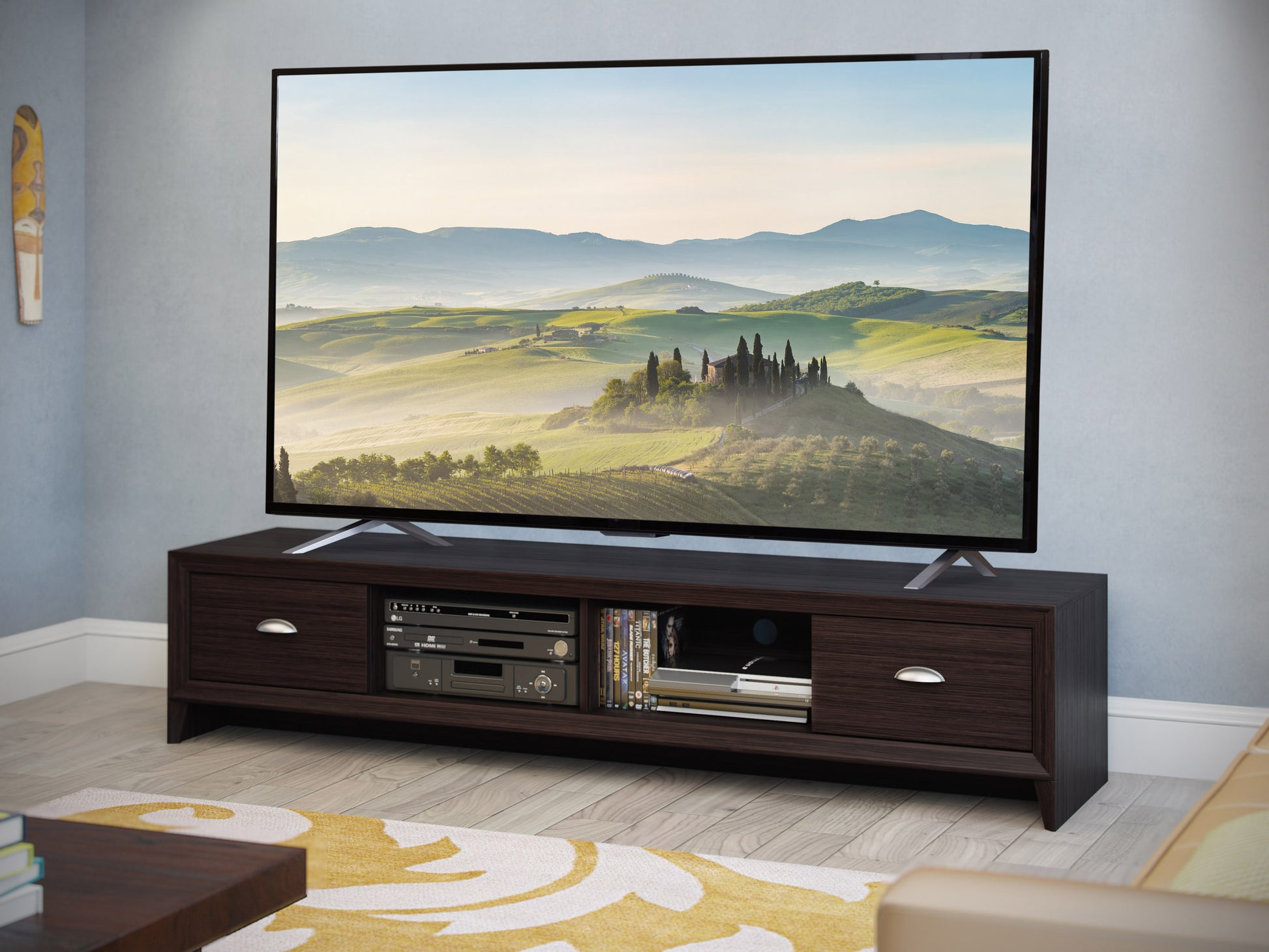 Brown wooden TV stand with open shelves, two drawers, and metal accents, suitable for TVs up to 85 inches, featuring a rustic finish and sturdy construction, perfect for living room storage and decor.