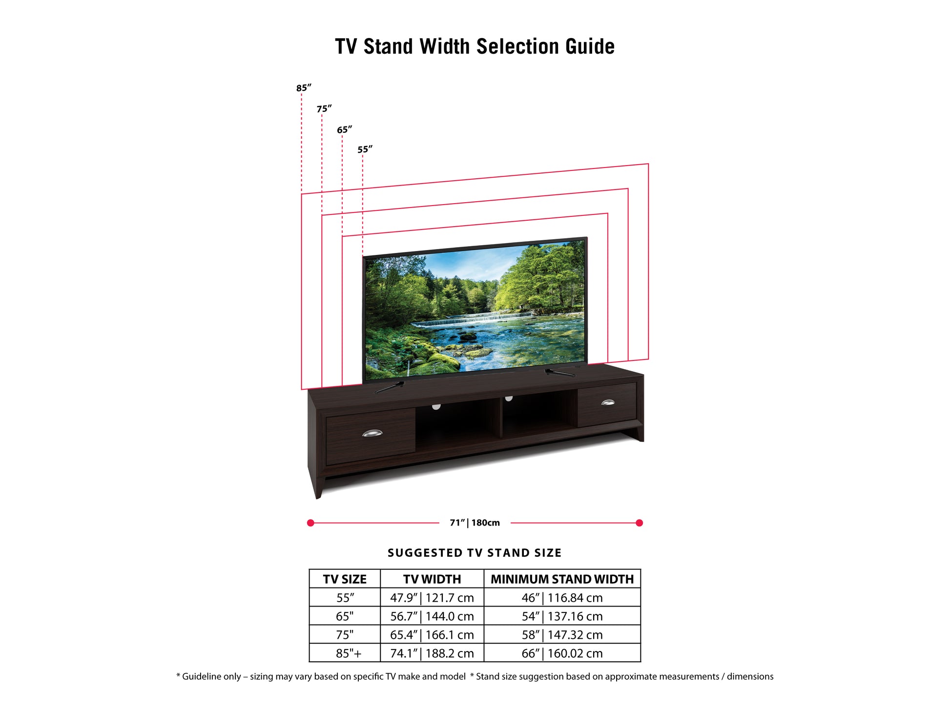 Brown wooden TV stand for TVs up to 85 inches, featuring a sleek design with open shelves and closed cabinets, providing ample storage space for media accessories and home decor.