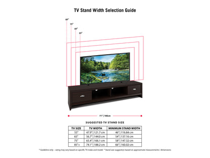 Brown wooden TV stand for TVs up to 85 inches, featuring a sleek design with open shelves and closed cabinets, providing ample storage space for media accessories and home decor.