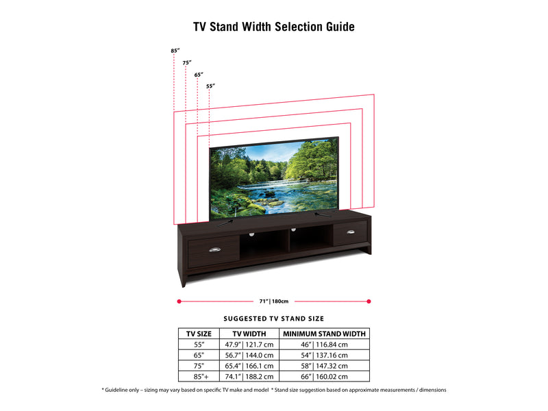 brown TV Stand for TVs up to 85" Lakewood Collection infographic by CorLiving