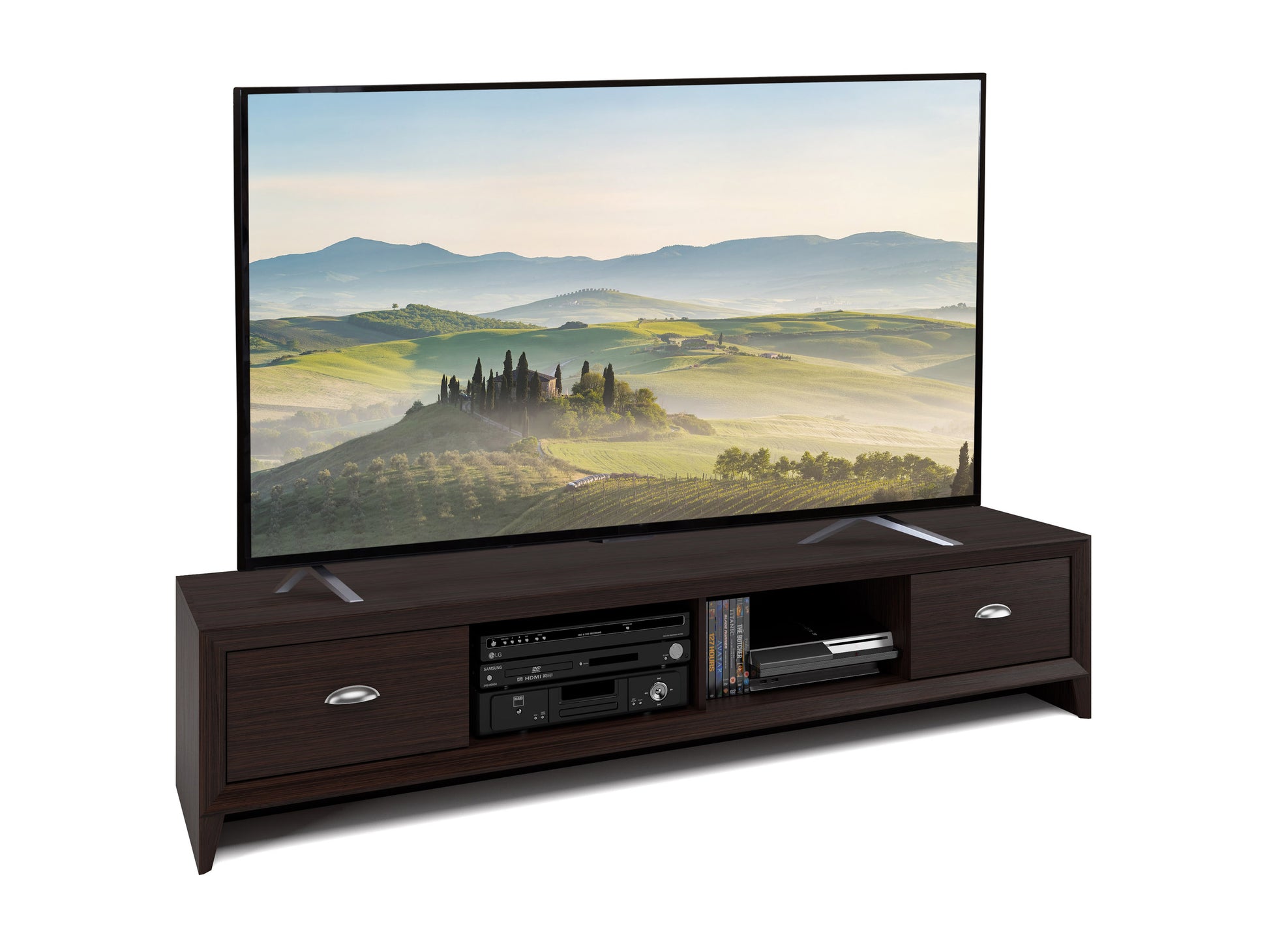 Brown wooden TV stand with open shelving and cabinets, designed for TVs up to 85 inches. Features a rich walnut finish, sleek metal handles, and ample storage space for media accessories.