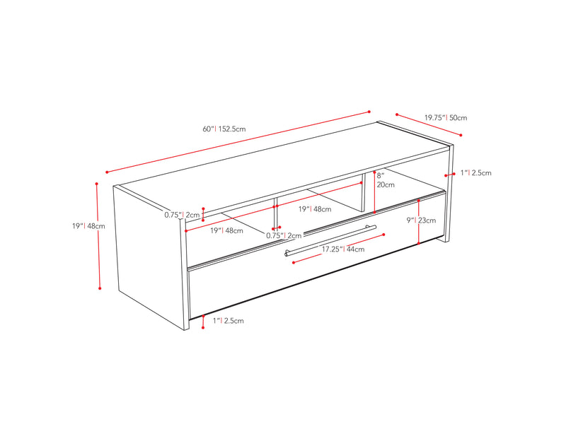 black TV Bench for TVs up to 75" Naples Collection measurements diagram by CorLiving