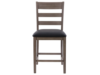 5 piece counter height dining set with a dark wood table and four cushioned chairs in beige fabric. The table features a built-in storage shelf and a sleek, modern design perfect for contemporary dining spaces.
