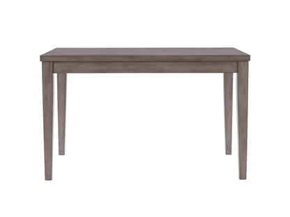 5 piece counter height dining set with dark wood table and four cushioned beige chairs, featuring a sleek, modern design, sturdy construction, and a compact size ideal for small dining spaces.
