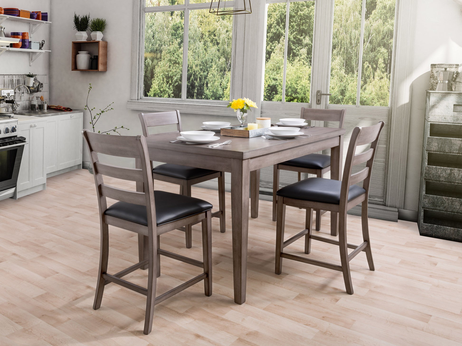 5 piece counter height dining set with a dark wood finish, featuring a rectangular table and four upholstered stools with beige fabric seats, perfect for modern dining rooms or kitchen spaces.