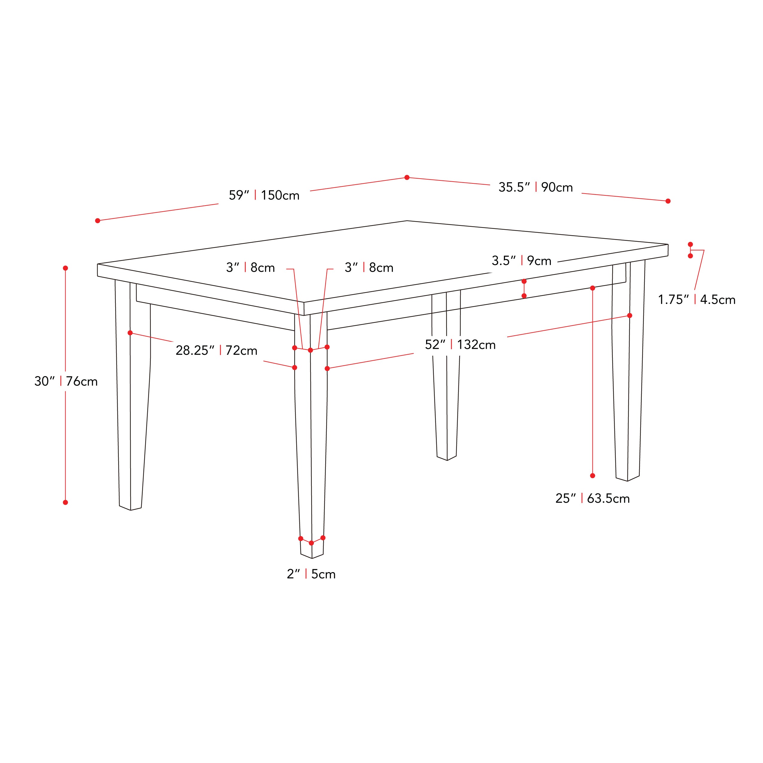 washed grey Wooden Dining Table New York Collection measurements diagram by CorLiving#color_new-york-washed-grey