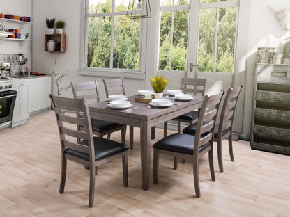 7 piece wooden dining set with natural oak finish, featuring a rectangular table and six cushioned chairs with grey fabric upholstery, perfect for modern dining rooms.