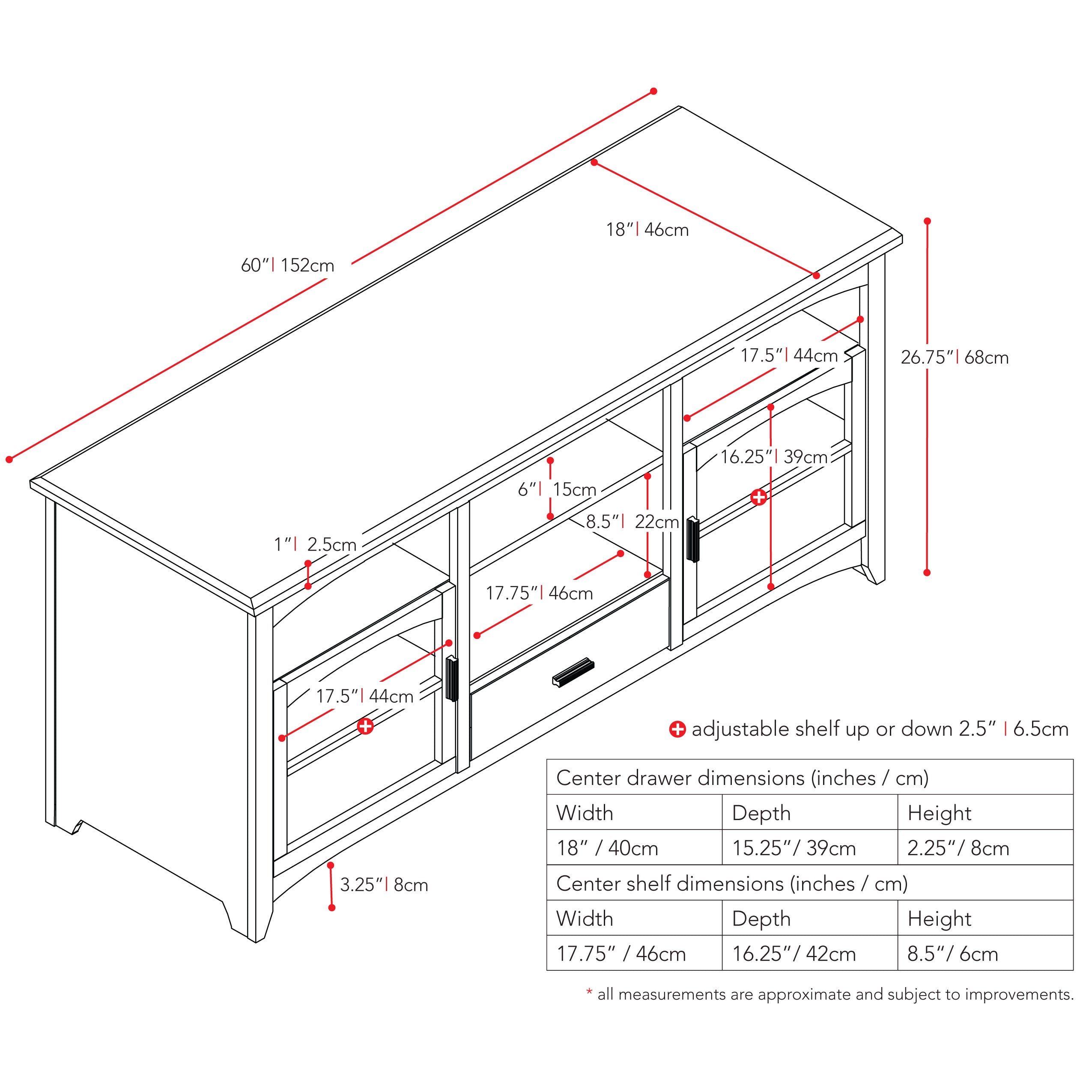espresso TV Bench for TVs up to 75" CorLiving Collection measurements diagram by CorLiving#color_espresso