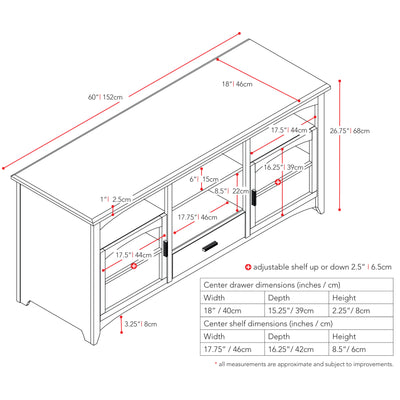 espresso TV Bench for TVs up to 75" CorLiving Collection measurements diagram by CorLiving#color_espresso