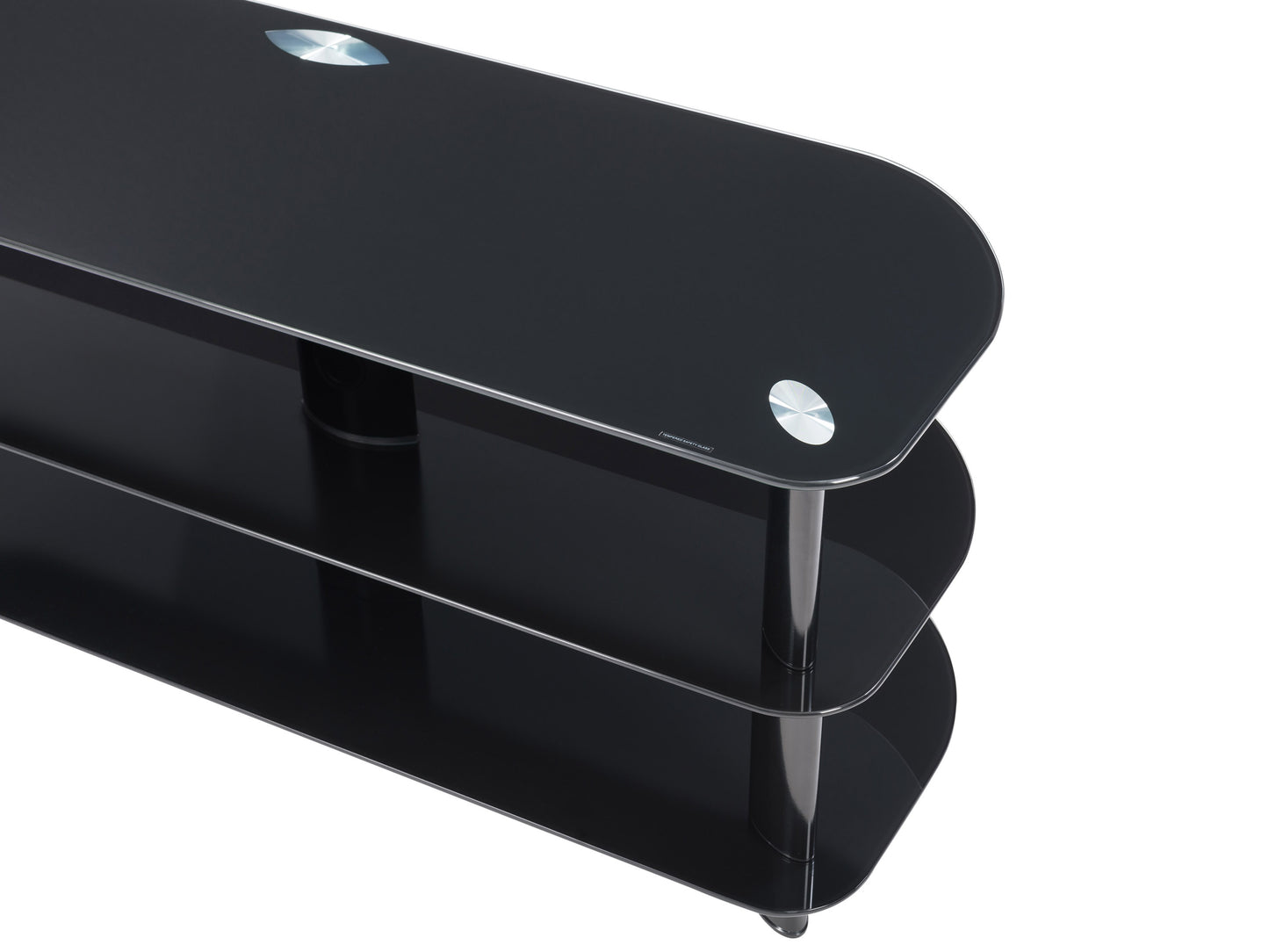 Black glass TV stand with three tempered glass shelves, sleek metal frame, and cable management system, suitable for TVs up to 48 inches, modern design, sturdy construction, and elegant black finish.