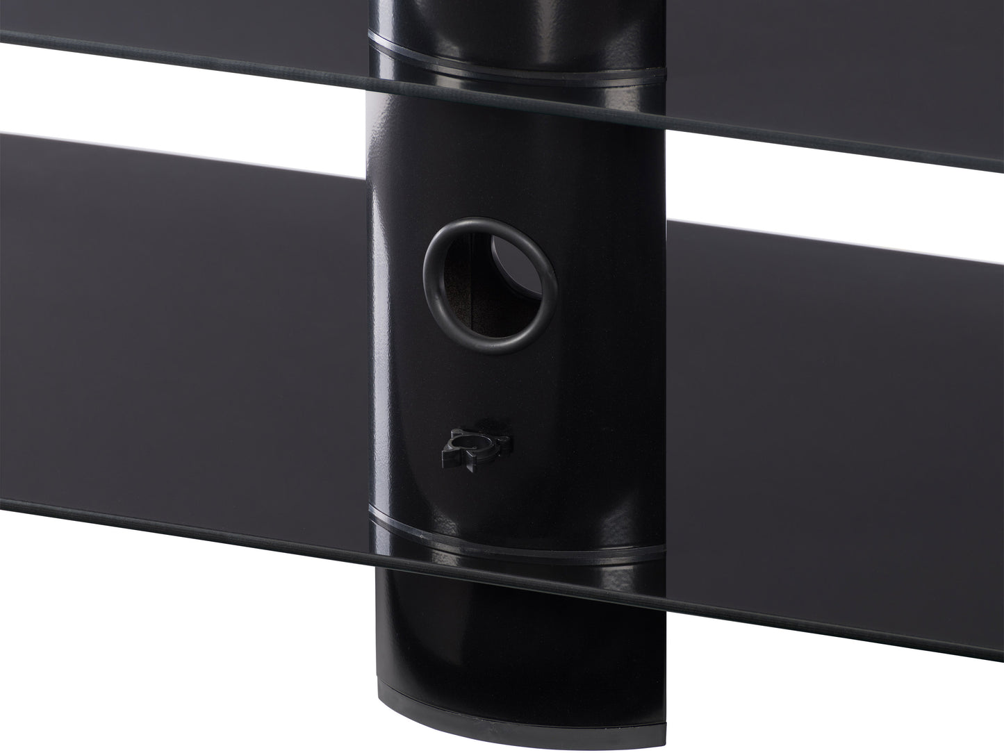 Black glass TV stand with chrome legs, three-tiered shelves, and cable management system, suitable for TVs up to 48 inches.