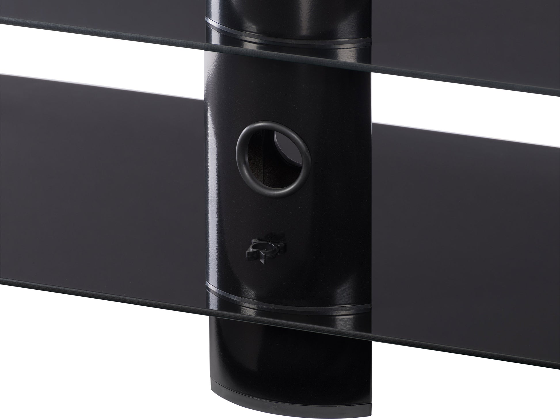 Black glass TV stand with chrome legs, three-tiered shelves, and cable management system, suitable for TVs up to 48 inches.