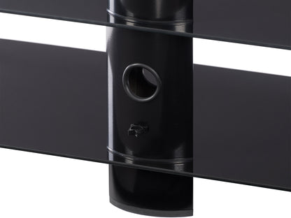 Black glass TV stand with chrome legs, three-tiered shelves, and cable management system, suitable for TVs up to 48 inches.