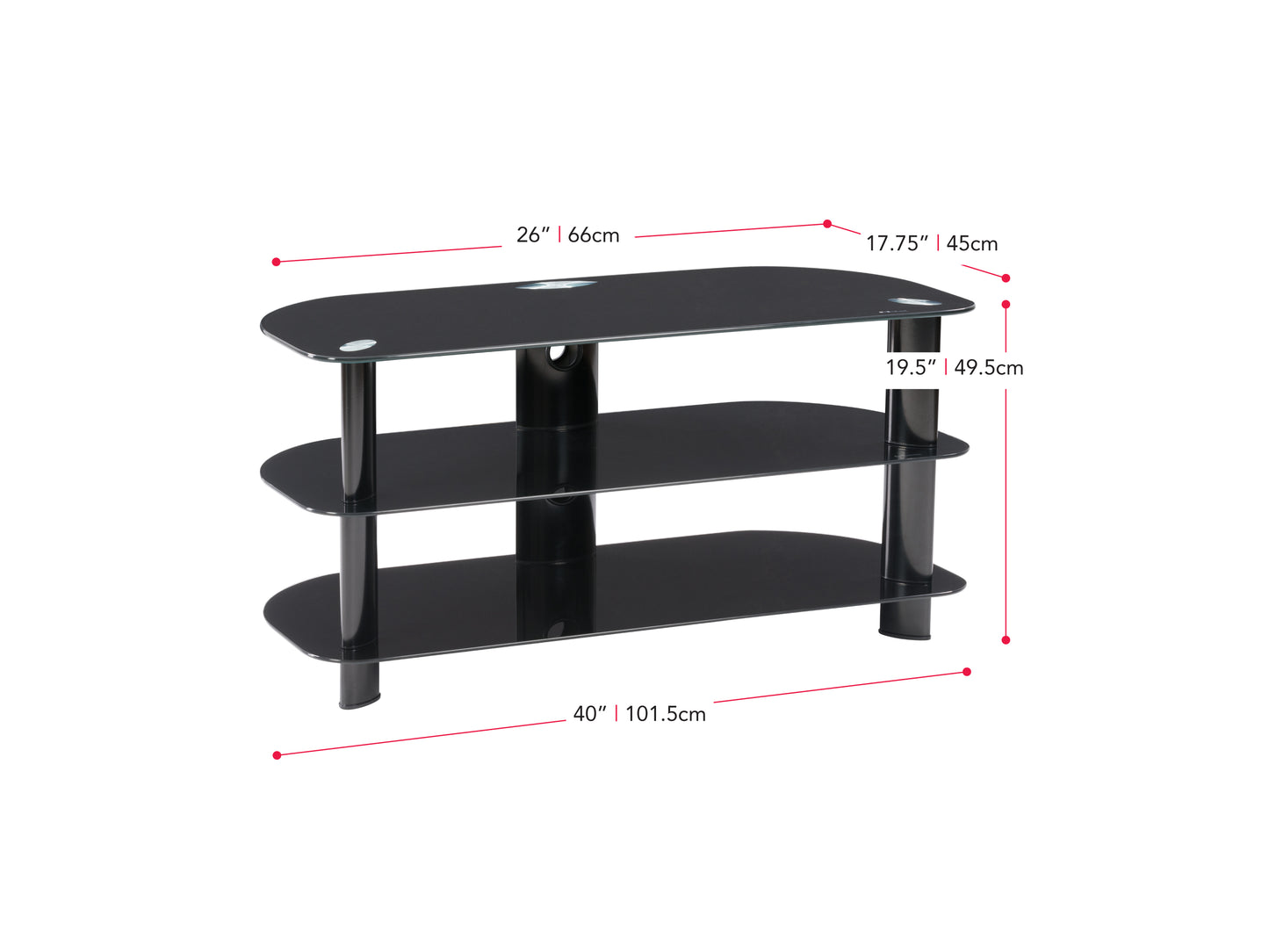 Black glass TV stand with silver metal legs, three-tiered shelves, and a sleek, modern design. Suitable for TVs up to 48 inches, ideal for contemporary living rooms or entertainment areas.