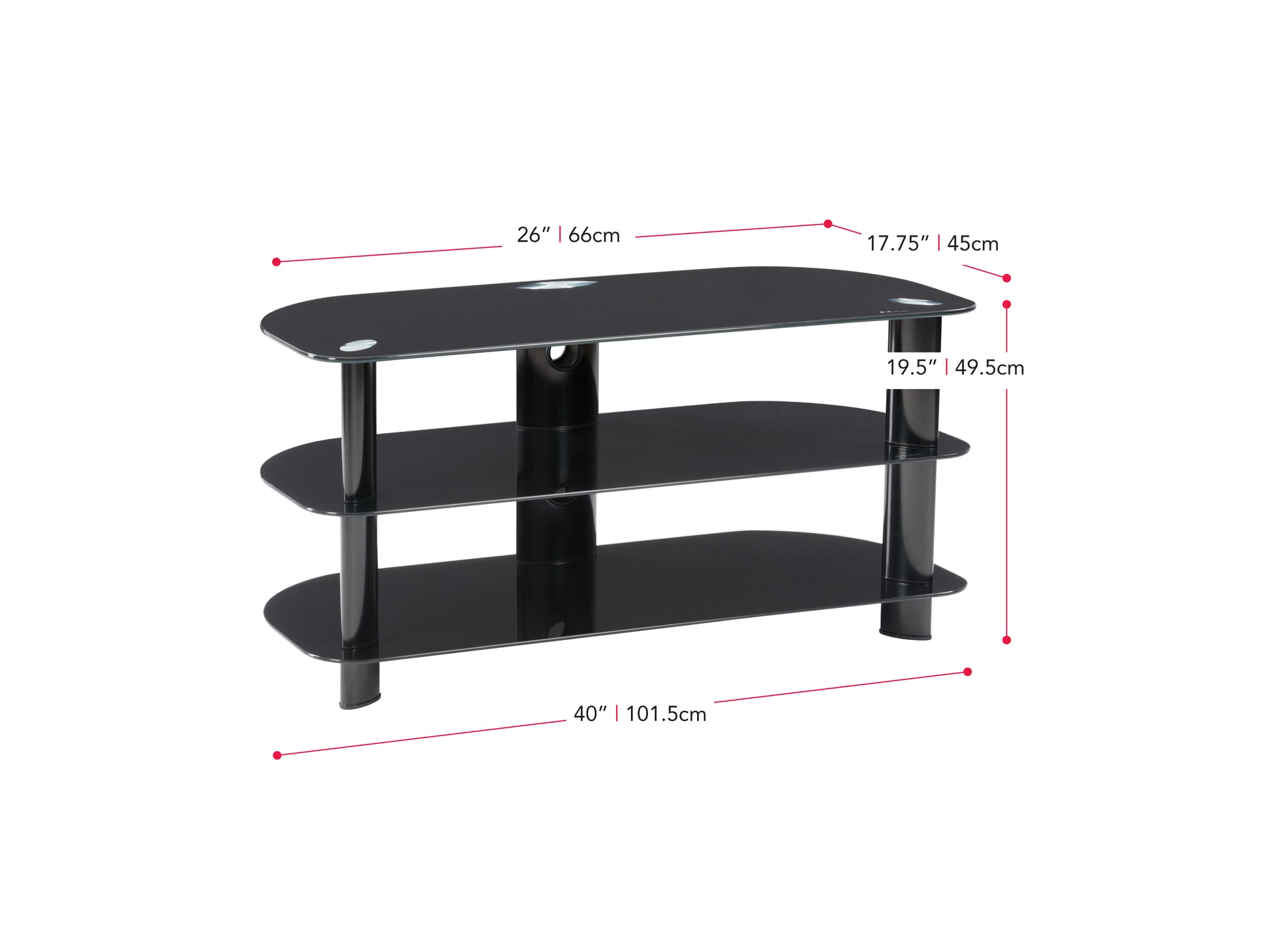 Black glass TV stand with silver metal legs, three-tiered shelves, and a sleek, modern design. Suitable for TVs up to 48 inches, ideal for contemporary living rooms or entertainment areas.