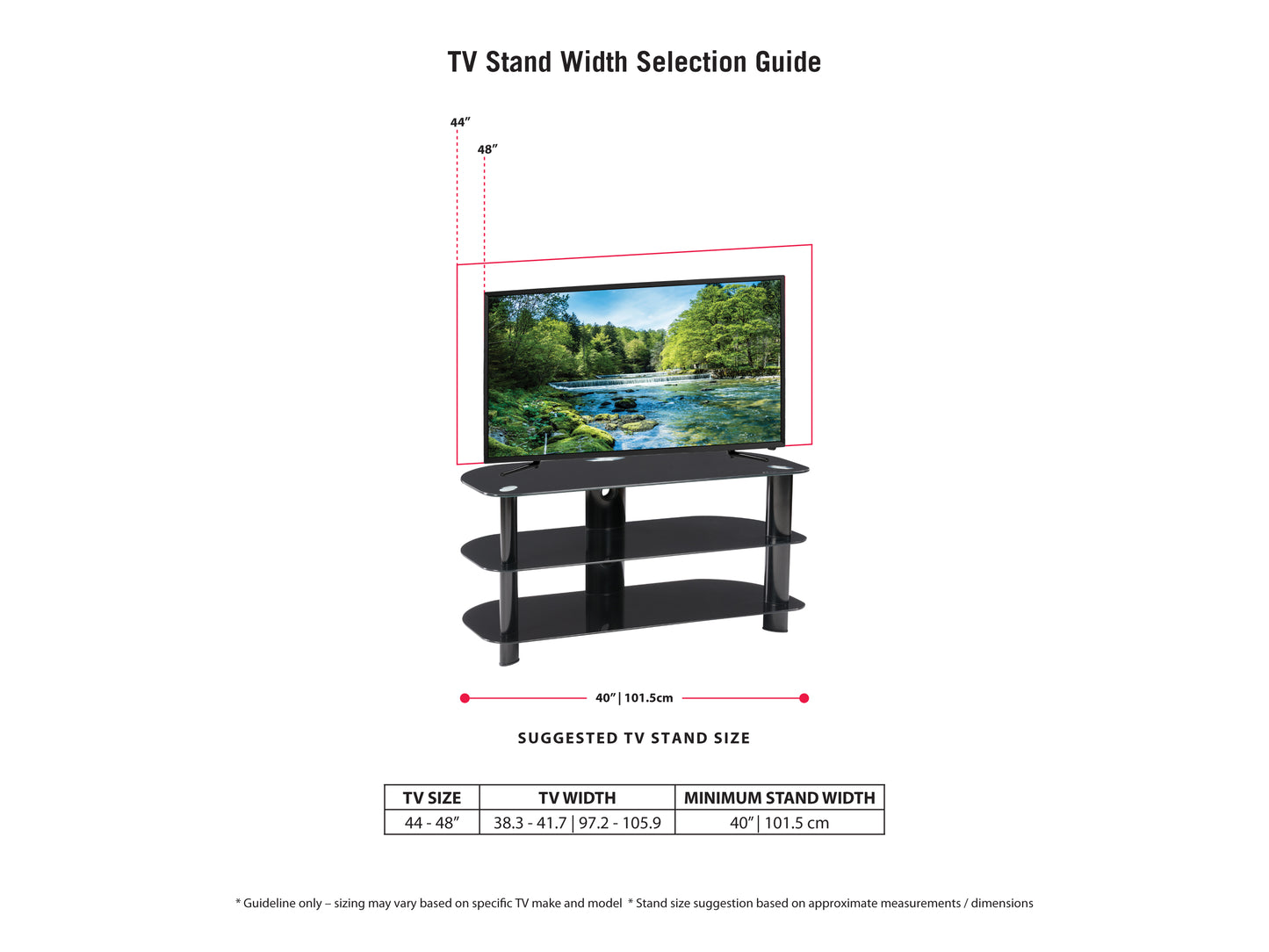 Black glass TV stand with chrome legs, three-tiered shelves for TVs up to 48 inches, sleek modern design, cable management system, sturdy construction, ideal for living rooms or entertainment areas.