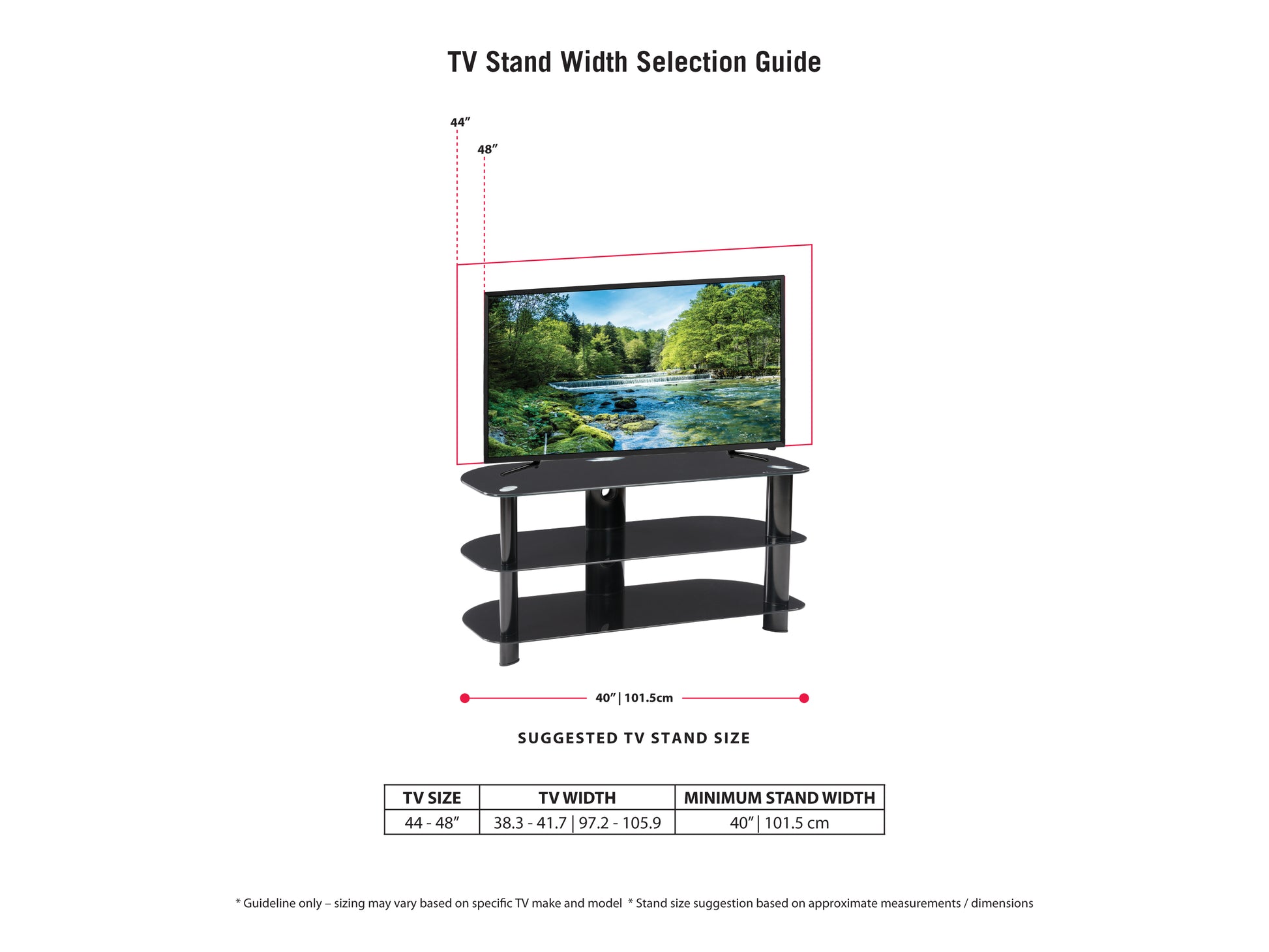 Black glass TV stand with chrome legs, three-tiered shelves for TVs up to 48 inches, sleek modern design, cable management system, sturdy construction, ideal for living rooms or entertainment areas.