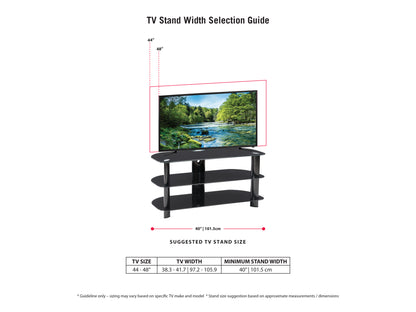 Black glass TV stand with chrome legs, three-tiered shelves for TVs up to 48 inches, sleek modern design, cable management system, sturdy construction, ideal for living rooms or entertainment areas.