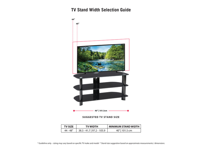 black Glass TV Stand for TVs up to 48" Laguna Collection infographic by CorLiving
