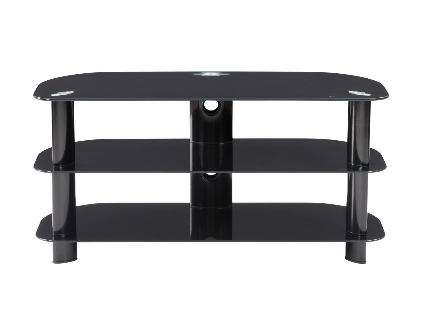 Black glass TV stand with chrome legs, three-tier design, fits TVs up to 48 inches, sleek modern style, ideal for living rooms and entertainment spaces.