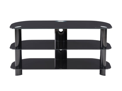 Black glass TV stand with chrome legs, three-tier design, fits TVs up to 48 inches, sleek modern style, ideal for living rooms and entertainment spaces.