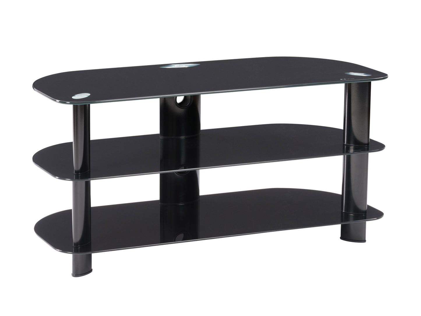 Black glass TV stand with sleek metal frame, three-tier shelving, and cable management system, suitable for TVs up to 48 inches. Modern design with durable tempered glass shelves and sturdy construction.