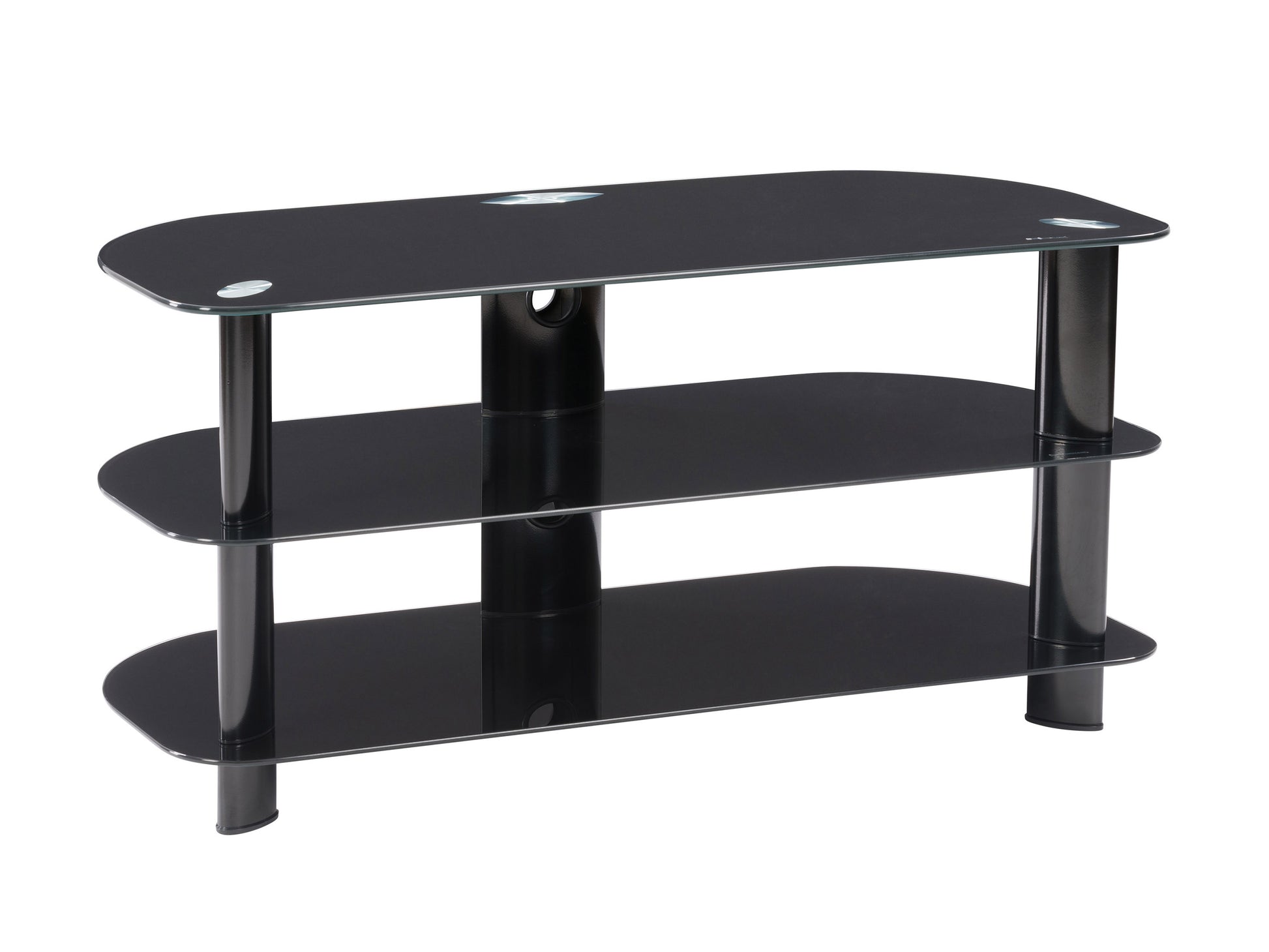 Black glass TV stand with sleek metal frame, three-tier shelving, and cable management system, suitable for TVs up to 48 inches. Modern design with durable tempered glass shelves and sturdy construction.