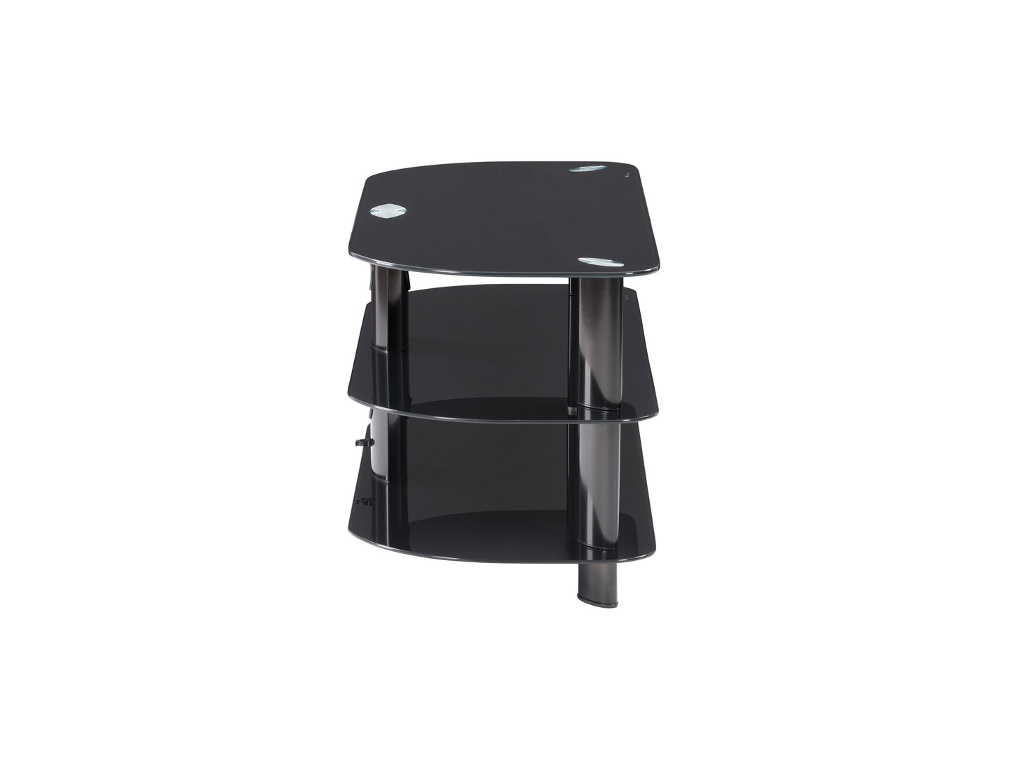 Black glass TV stand with sleek metal frame, three tempered glass shelves, and cable management system, suitable for TVs up to 48 inches.