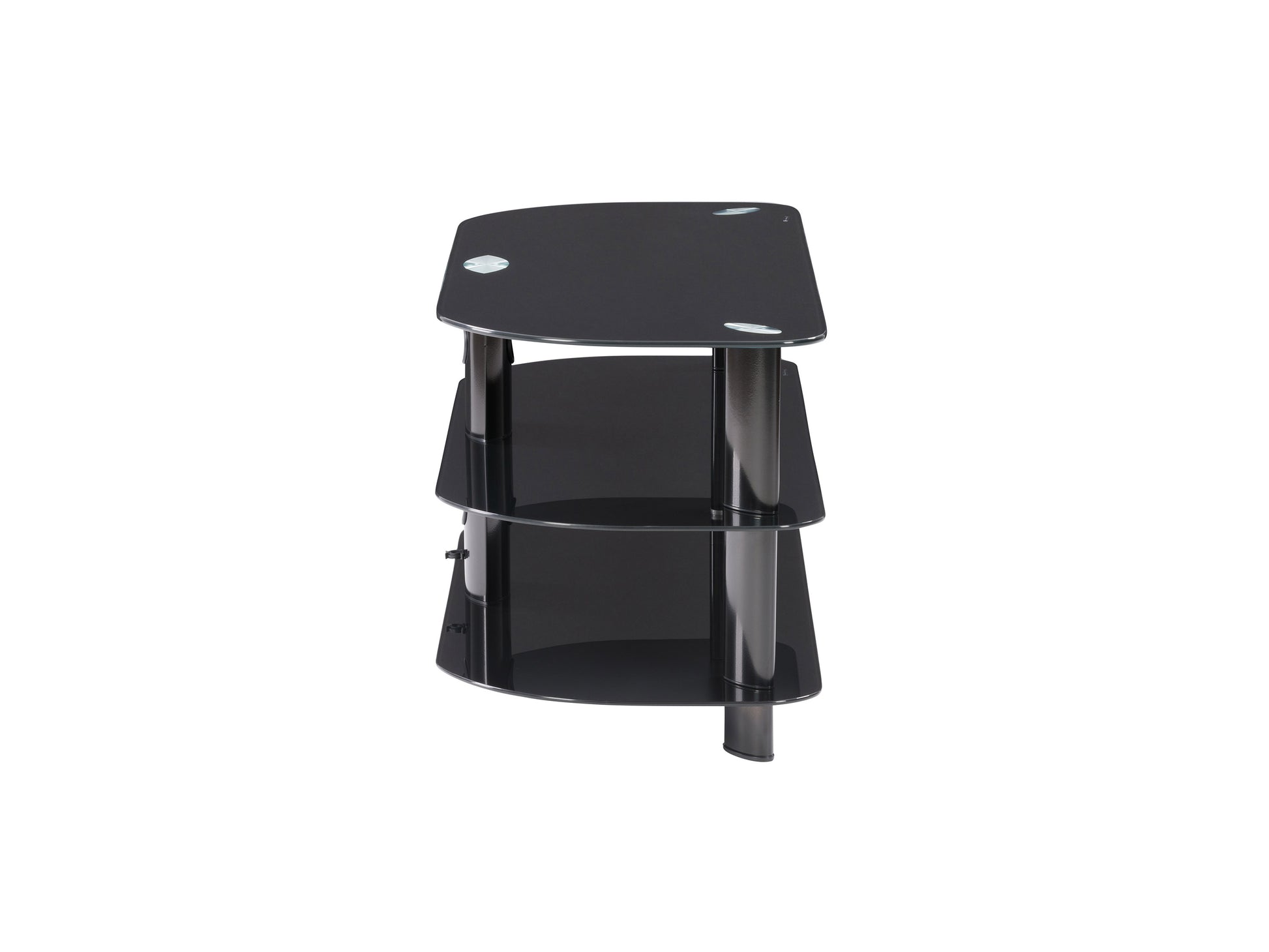 Black glass TV stand with sleek metal frame, three tempered glass shelves, and cable management system, suitable for TVs up to 48 inches.
