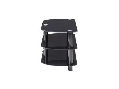 Black glass TV stand with sleek metal frame, three tempered glass shelves, and cable management system, suitable for TVs up to 48 inches.