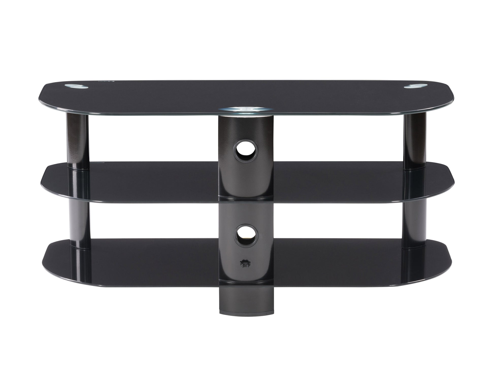 Sleek black glass TV stand with three tempered glass shelves and metal frame, suitable for TVs up to 48 inches, offering modern design and sturdy support for home entertainment systems.