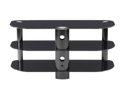 Sleek black glass TV stand with three tempered glass shelves and metal frame, suitable for TVs up to 48 inches, offering modern design and sturdy support for home entertainment systems.