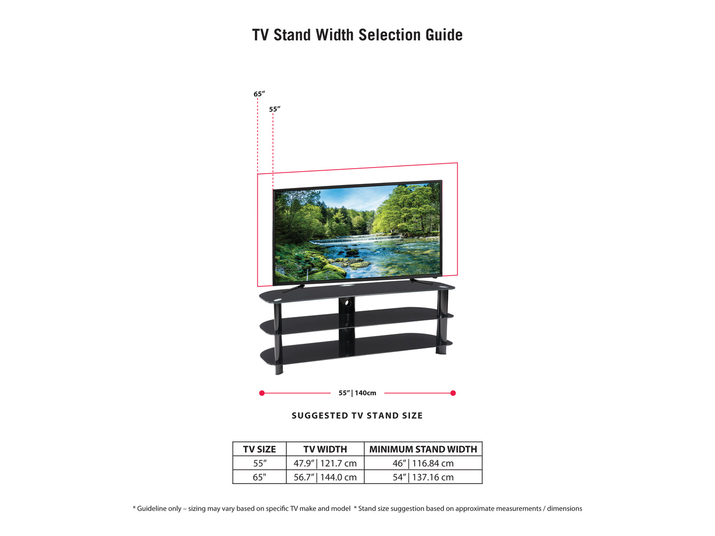 Black and glass TV stand with three tempered glass shelves, sleek chrome legs, and cable management system, designed to support TVs up to 65 inches.