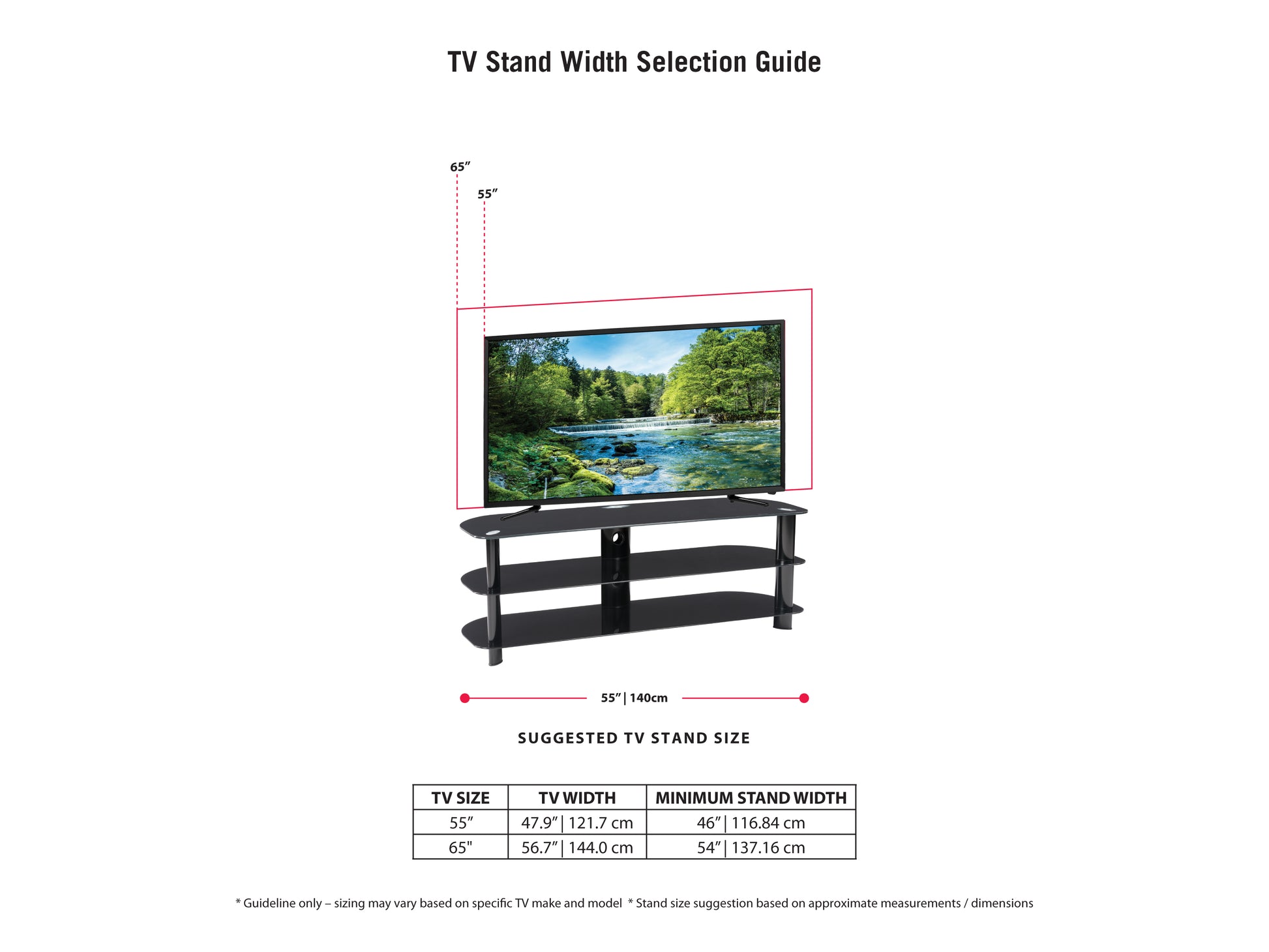 Black and glass TV stand with three tempered glass shelves, sleek chrome legs, and cable management system, designed to support TVs up to 65 inches.