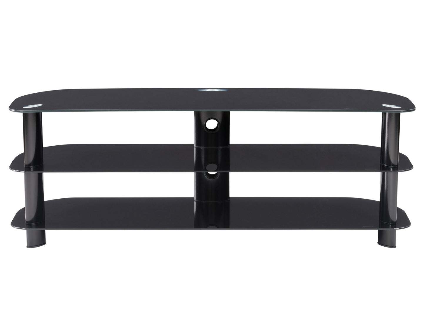 Black glass TV stand with sleek metal frame, three tempered glass shelves, and cable management system, suitable for TVs up to 65 inches. Modern design with sturdy construction and minimalist appeal.