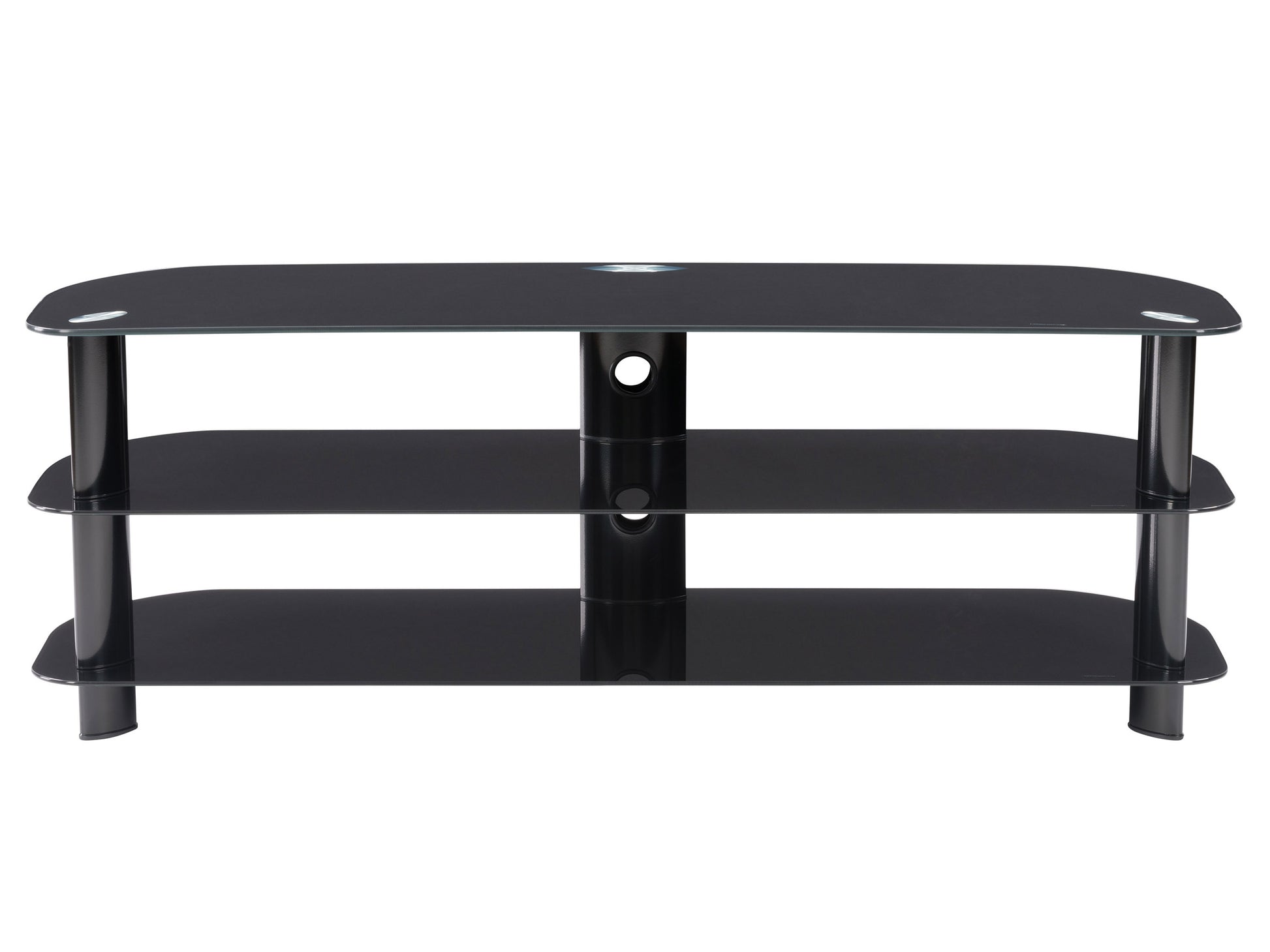 Black glass TV stand with sleek metal frame, three tempered glass shelves, and cable management system, suitable for TVs up to 65 inches. Modern design with sturdy construction and minimalist appeal.