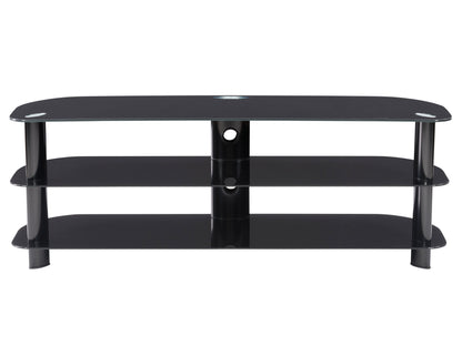 Black glass TV stand with sleek metal frame, three tempered glass shelves, and cable management system, suitable for TVs up to 65 inches. Modern design with sturdy construction and minimalist appeal.