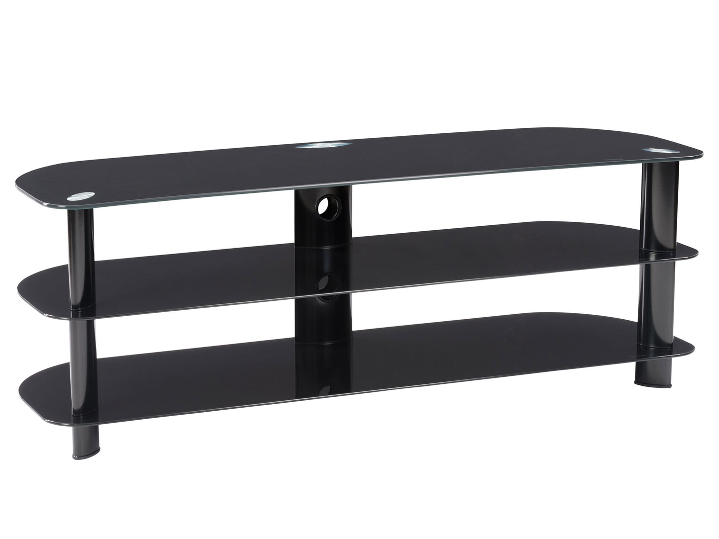 Glass TV stand for TVs up to 65 inches, featuring a sleek black metal frame, tempered glass shelves, and cable management system for a modern and organized entertainment setup.