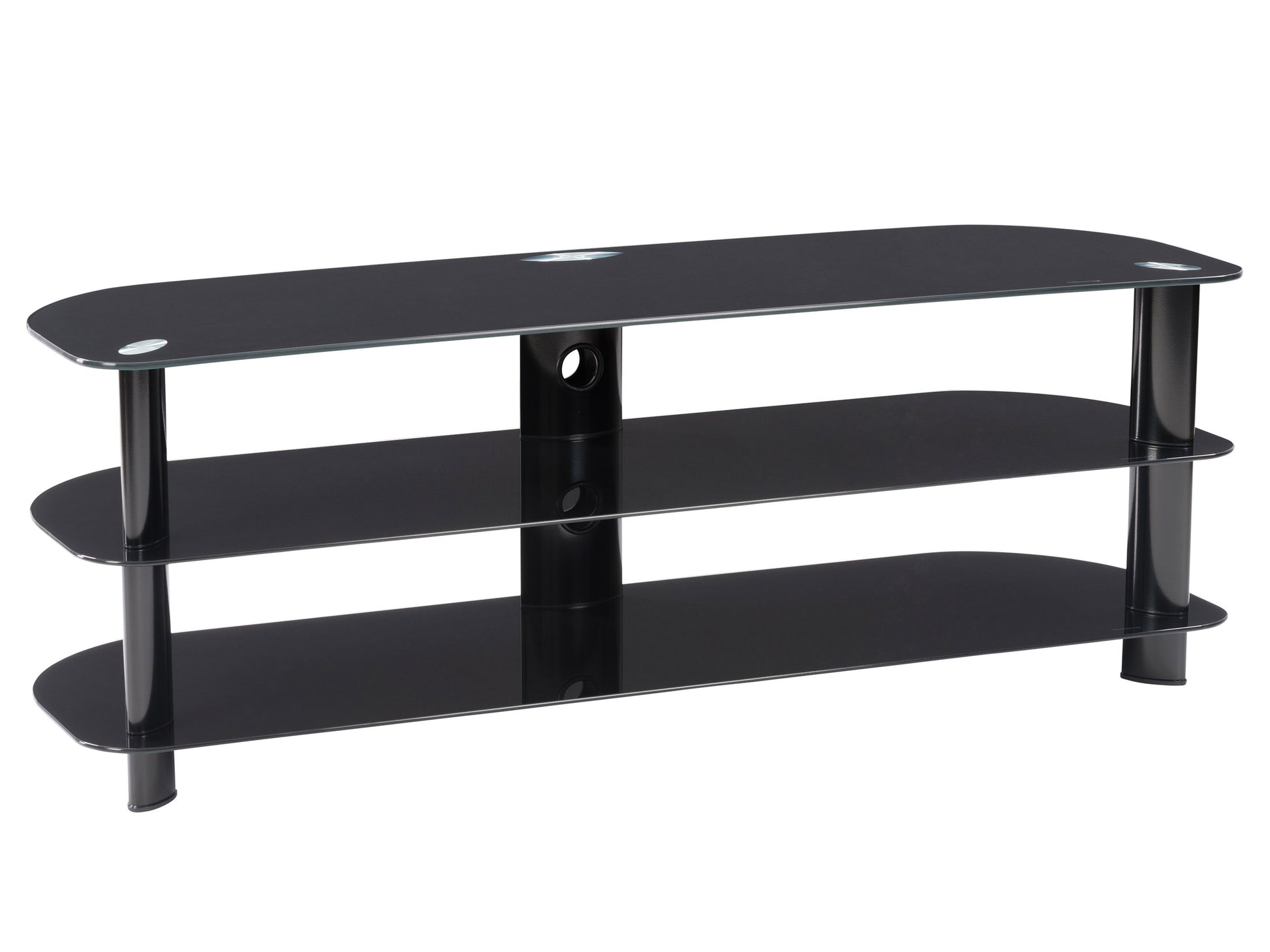 Glass TV stand for TVs up to 65 inches, featuring a sleek black metal frame, tempered glass shelves, and cable management system for a modern and organized entertainment setup.