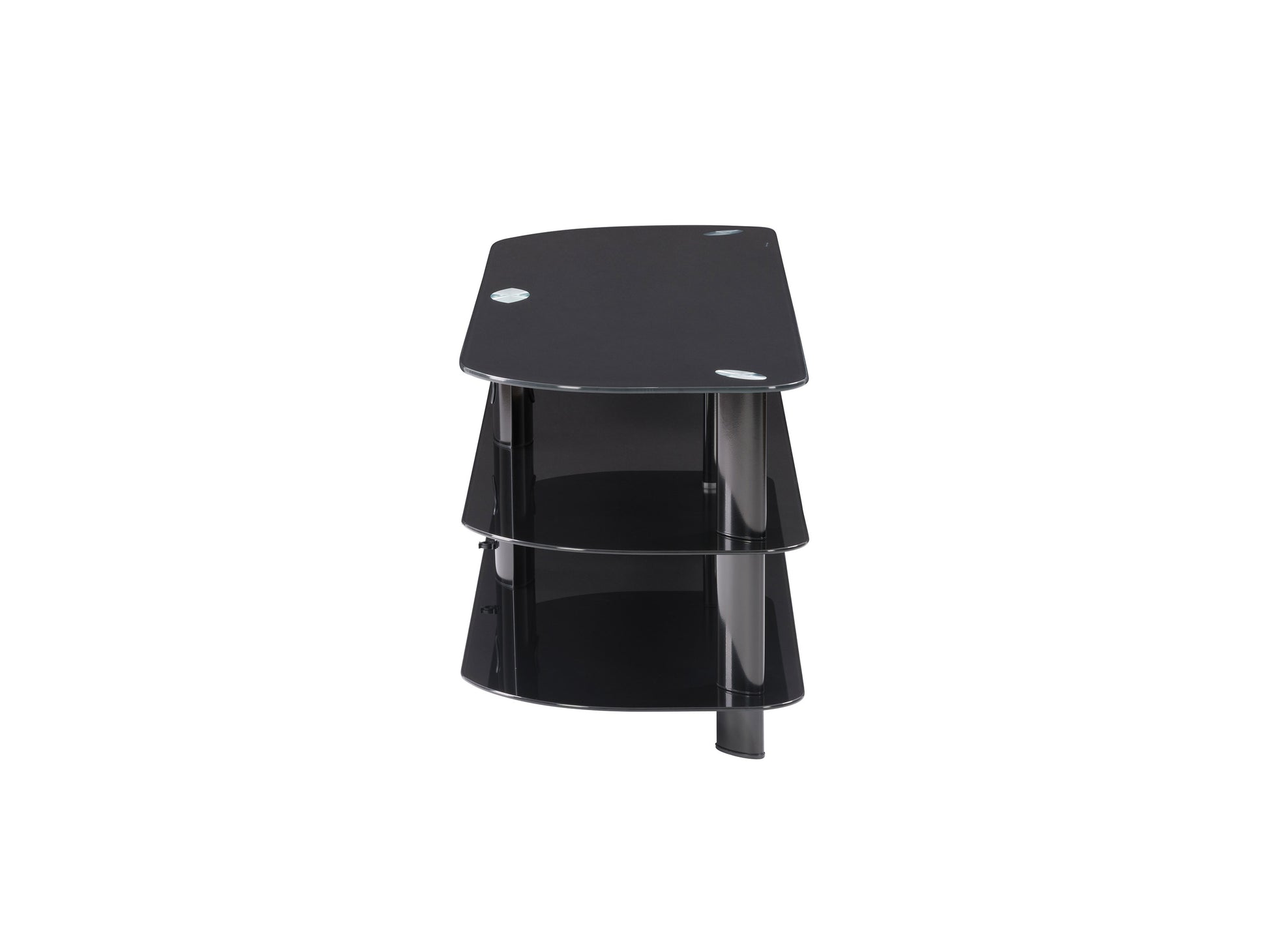 Modern glass TV stand for TVs up to 65 inches, featuring sleek tempered glass shelves, black metal frame, and chrome accents, ideal for contemporary living rooms and media centers.