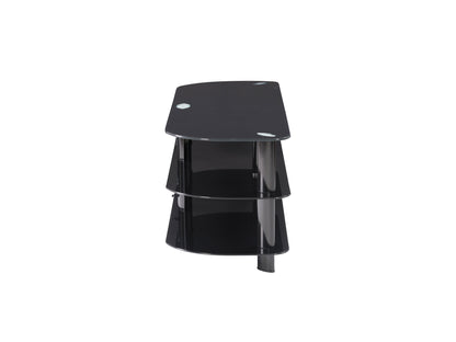 Modern glass TV stand for TVs up to 65 inches, featuring sleek tempered glass shelves, black metal frame, and chrome accents, ideal for contemporary living rooms and media centers.