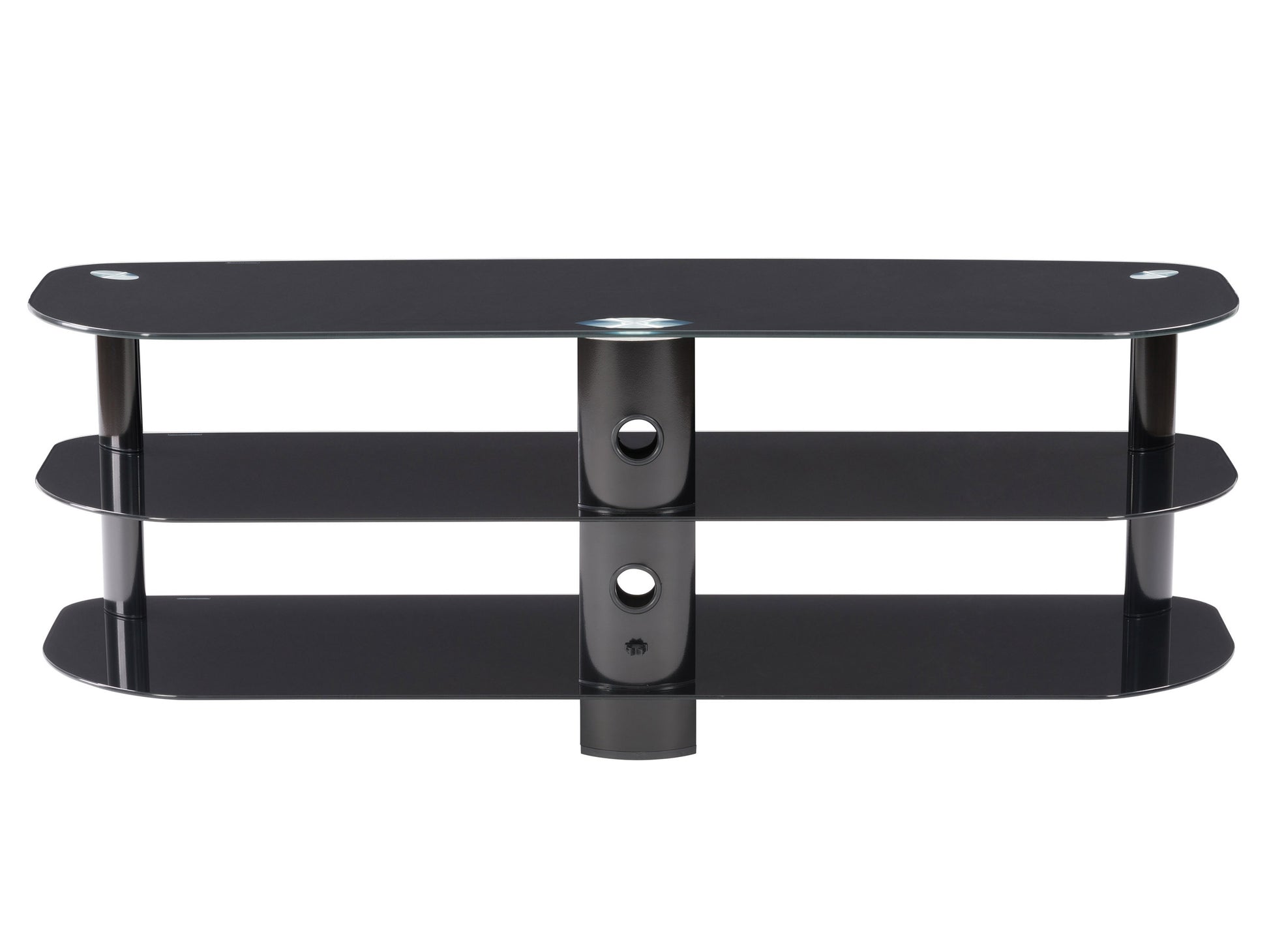 Black glass TV stand with sleek chrome legs, three tempered glass shelves, and cable management system, suitable for TVs up to 65 inches. Modern design with ample storage space for electronics and accessories.